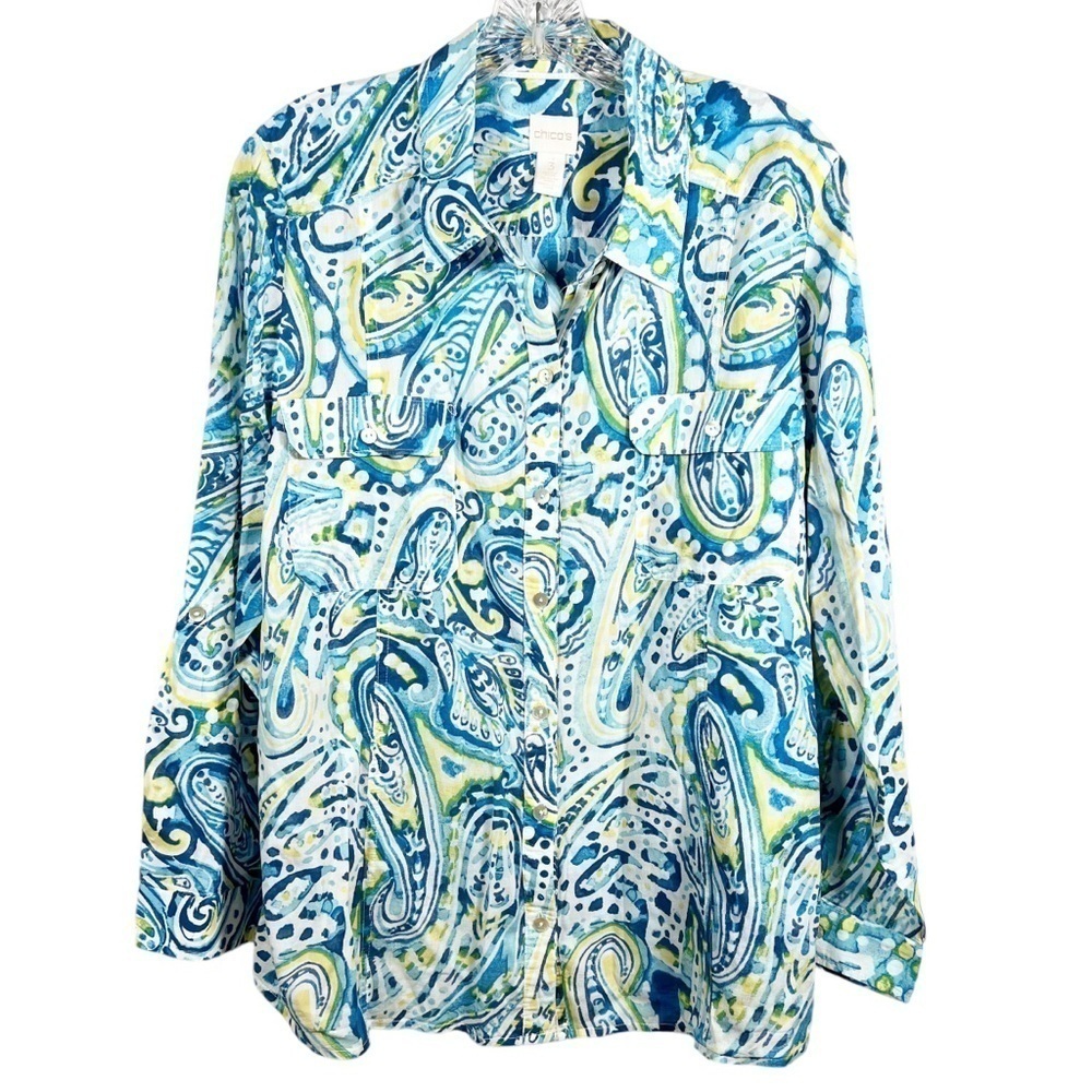 Chicos women’s button up shirt size XL paisley print blue